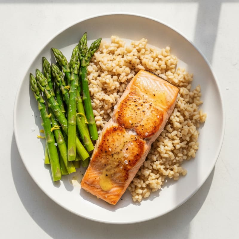 Seared Salmon with Steamed Asparagus and Brown Rice