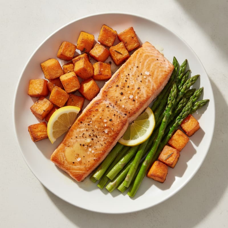 Seared Salmon with Roasted Sweet Potato and Asparagus