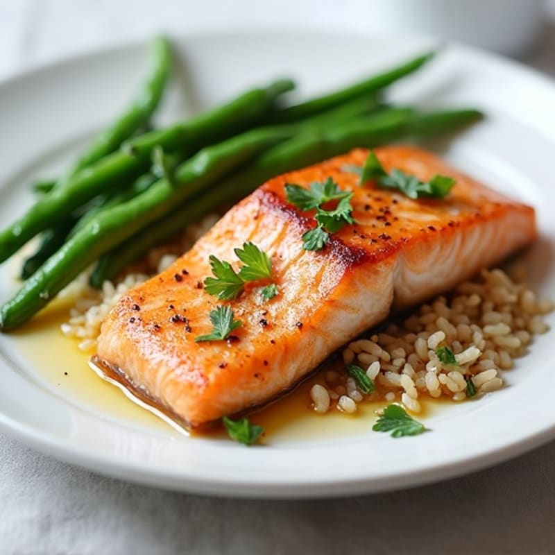 Seared Salmon with Garlic Green Beans and Brown Rice