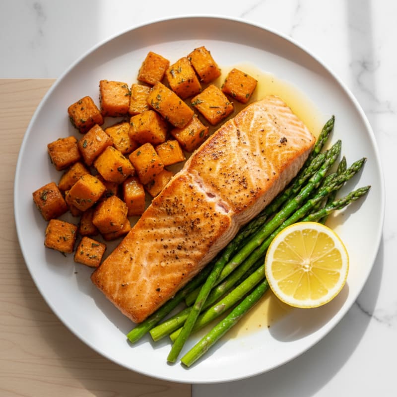 Seared Salmon with Herb-Roasted Sweet Potato and Asparagus
