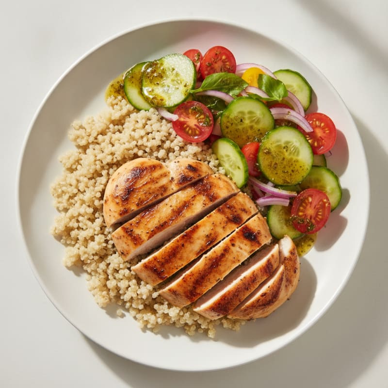 Grilled Chicken Breast with Quinoa and Fresh Tomato Cucumber Salad