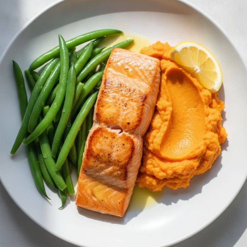 Seared Salmon with Steamed Green Beans and Sweet Potato Mash