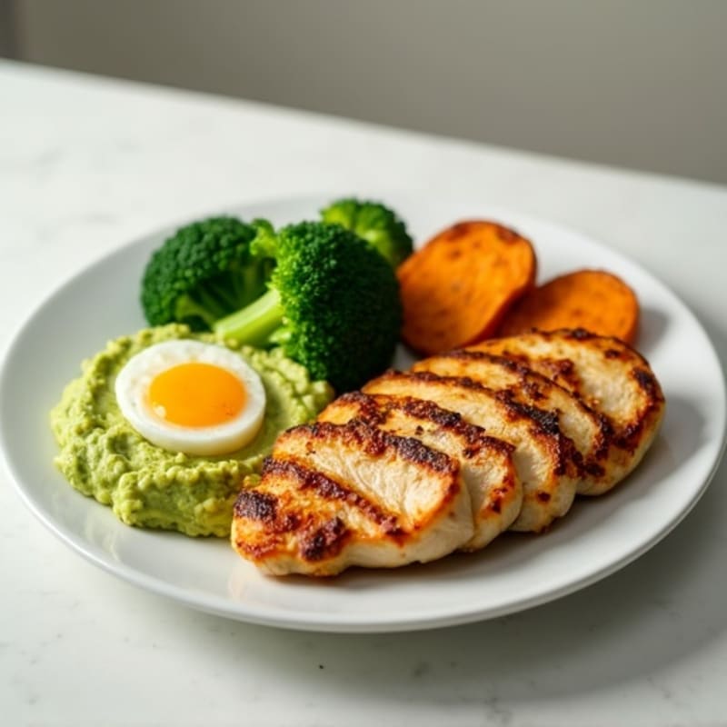 Grilled Chicken Breast with Steamed Broccoli and Avocado Mash