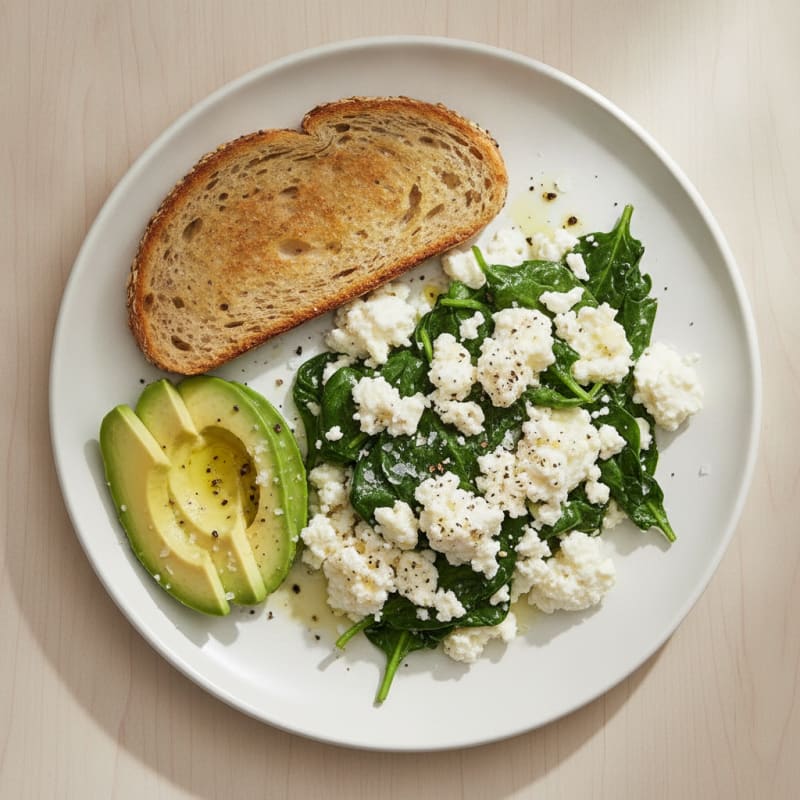 Scrambled Egg Whites with Cottage Cheese and Sautéed Spinach