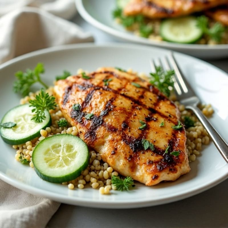 Grilled Chicken Breast with Quinoa and Crunchy Cucumber Salad
