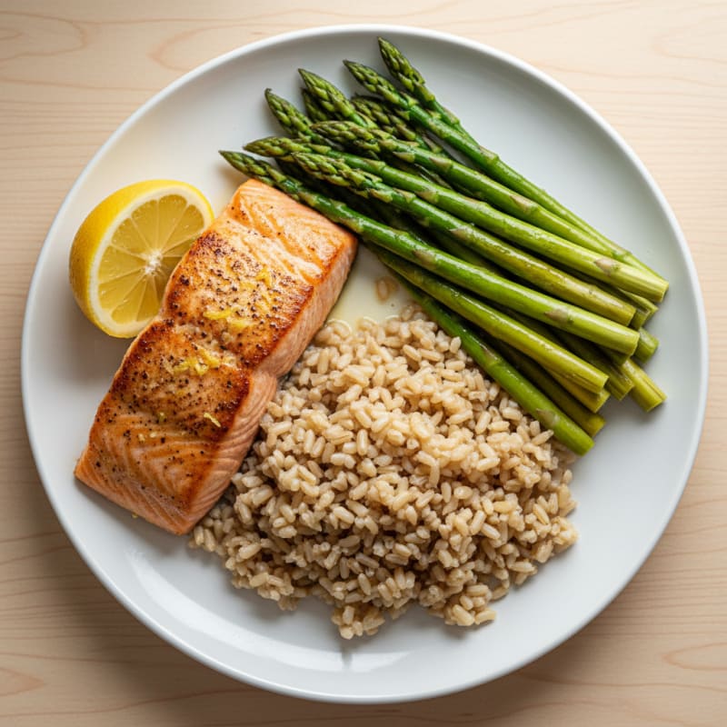 Seared Salmon with Steamed Asparagus and Brown Rice