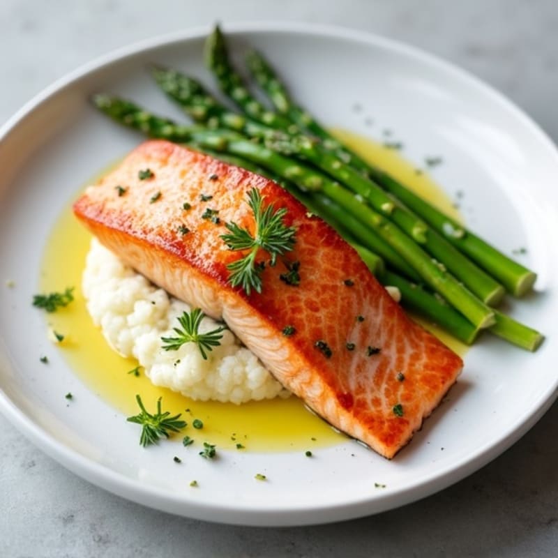 Seared Salmon Fillet with Steamed Asparagus and Cauliflower Mash