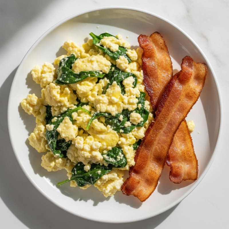 Cottage Cheese Egg Scramble with Spinach and Turkey Bacon