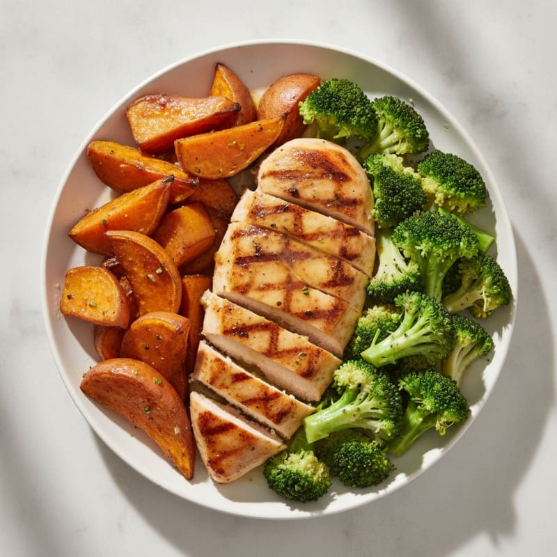 Grilled Chicken Breast with Roasted Sweet Potato and Steamed Broccoli