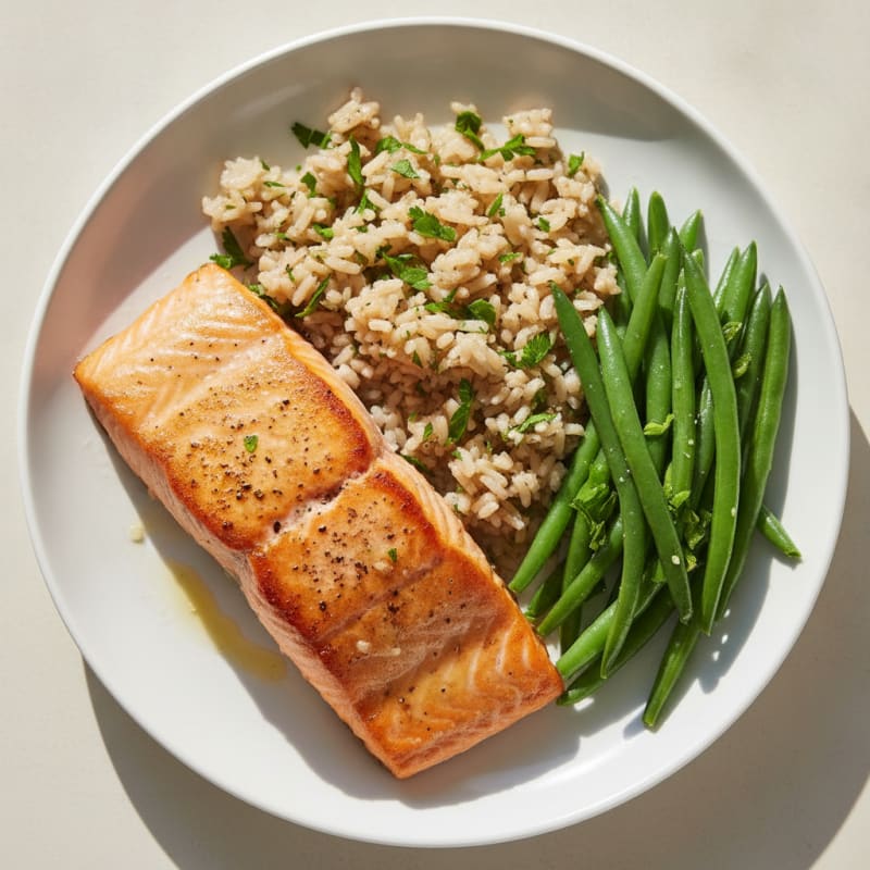 Seared Salmon with Steamed Green Beans and Herbed Brown Rice