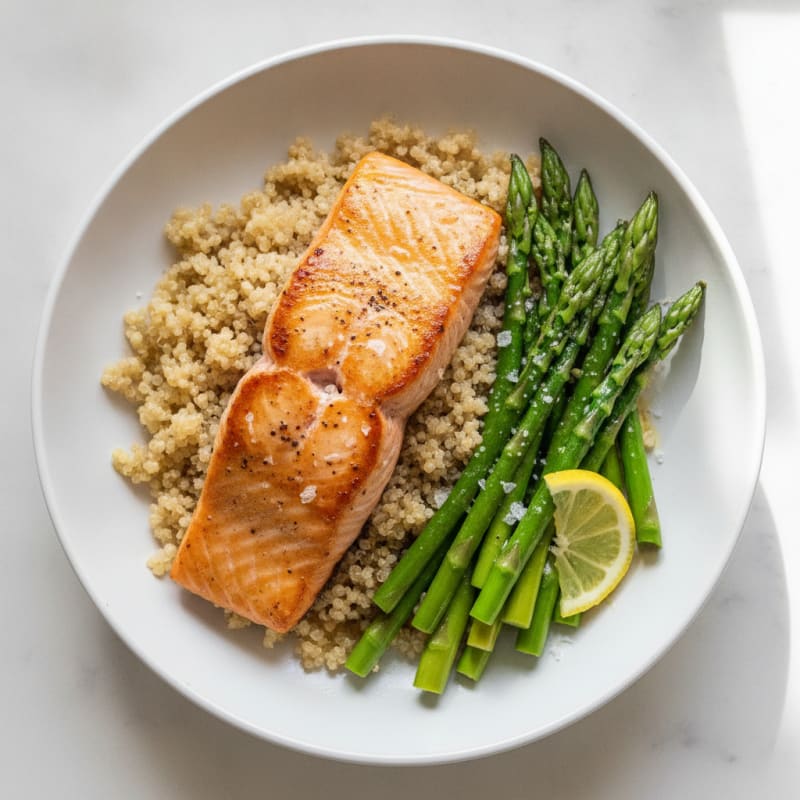 Seared Salmon with Steamed Asparagus and Quinoa