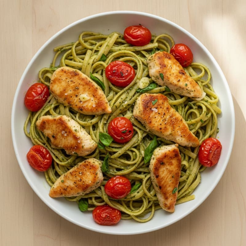 Pesto Chicken Linguine with Blistered Tomatoes