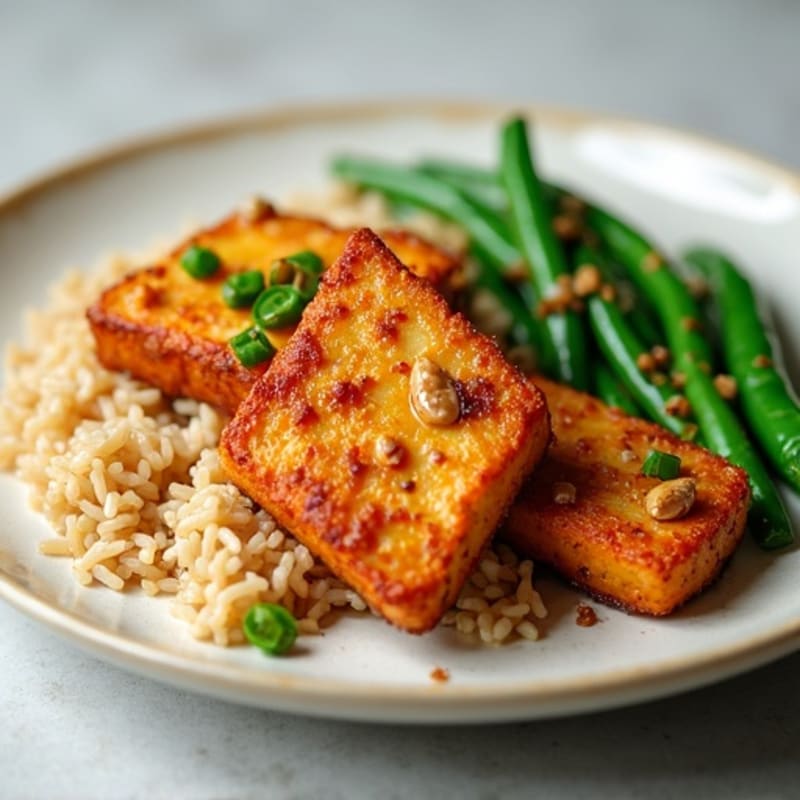 Crispy Baked Peanut Tofu with Roasted Green Beans and Brown Rice