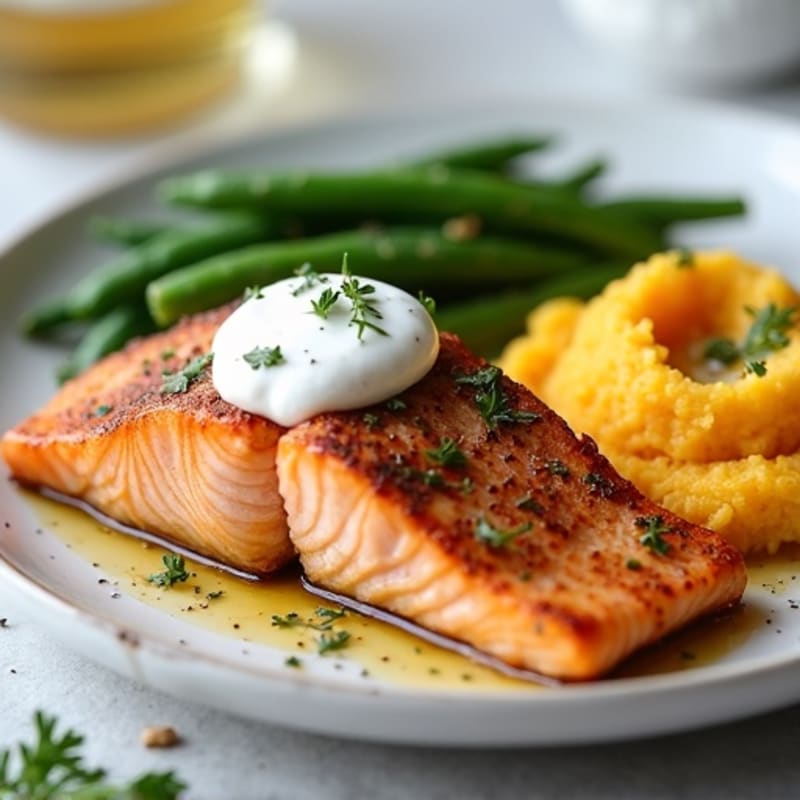 Seared Salmon Filet with Garlic Green Beans and Mashed Sweet Potato