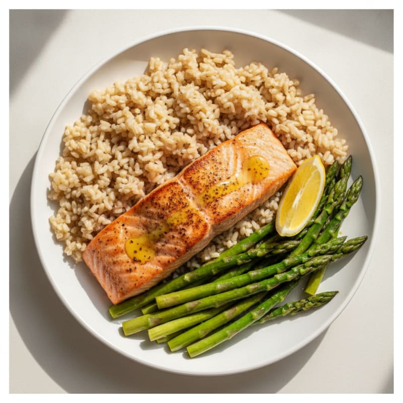 Seared Salmon with Steamed Asparagus and Brown Rice