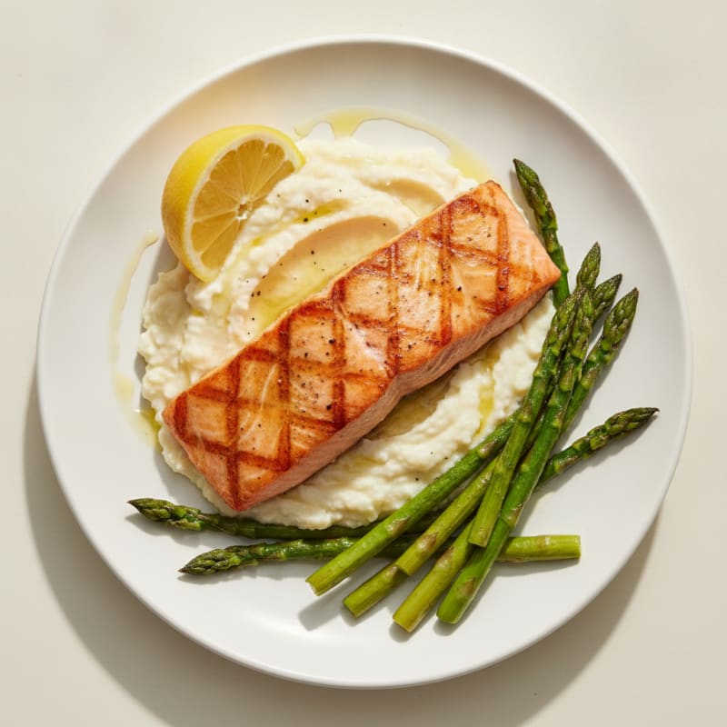 Seared Salmon Fillet with Roasted Asparagus and Cauliflower Mash