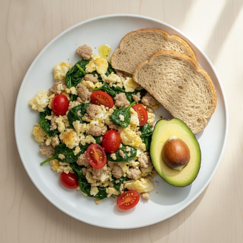 Egg White and Turkey Sausage Scramble with Spinach and Tomatoes
