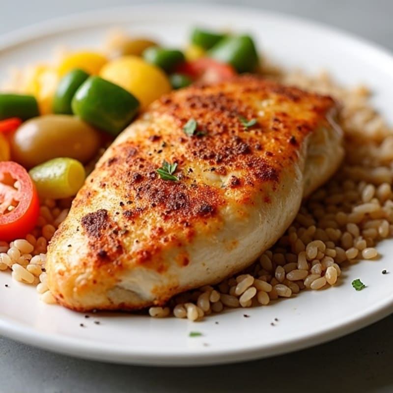 Tender Spiced Chicken with Fluffy Brown Rice and Sautéed Vegetables