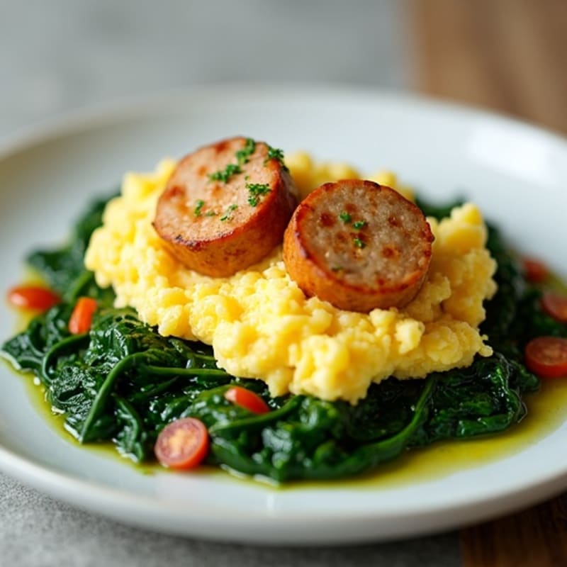 Scrambled Egg Whites with Turkey Sausage and Sautéed Spinach