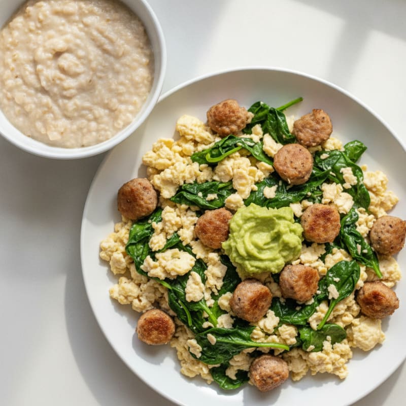 Egg White Spinach Scramble with Turkey Sausage and Oats