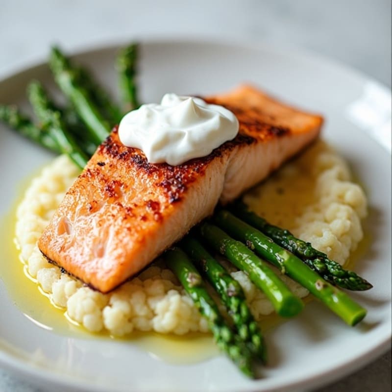 Seared Salmon Fillet with Roasted Asparagus and Cauliflower Mash