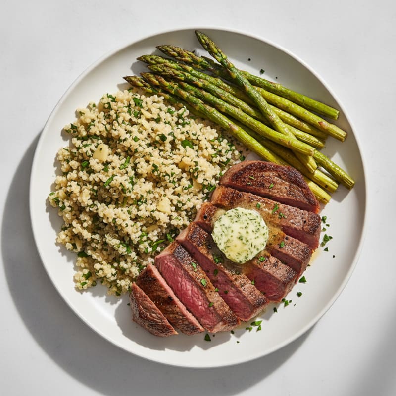 Seared Steak with Garlic Herb Quinoa and Roasted Asparagus