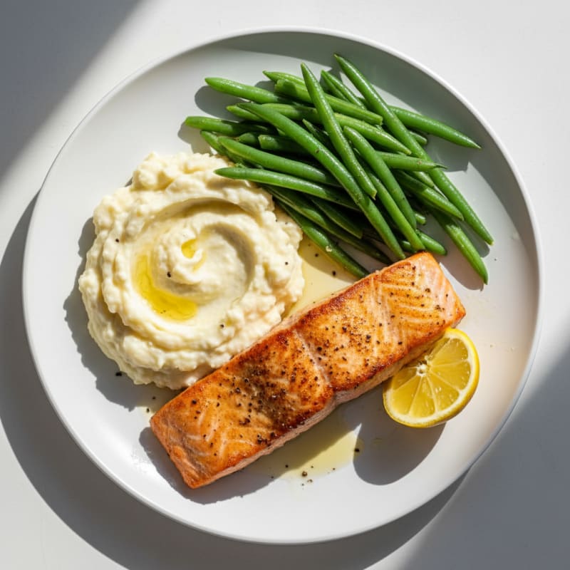 Seared Salmon Fillet with Steamed Green Beans and Garlic Mashed Cauliflower