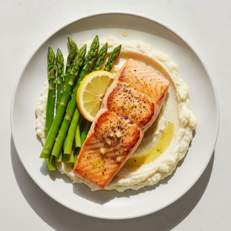Seared Salmon Filet with Steamed Asparagus and Cauliflower Mash