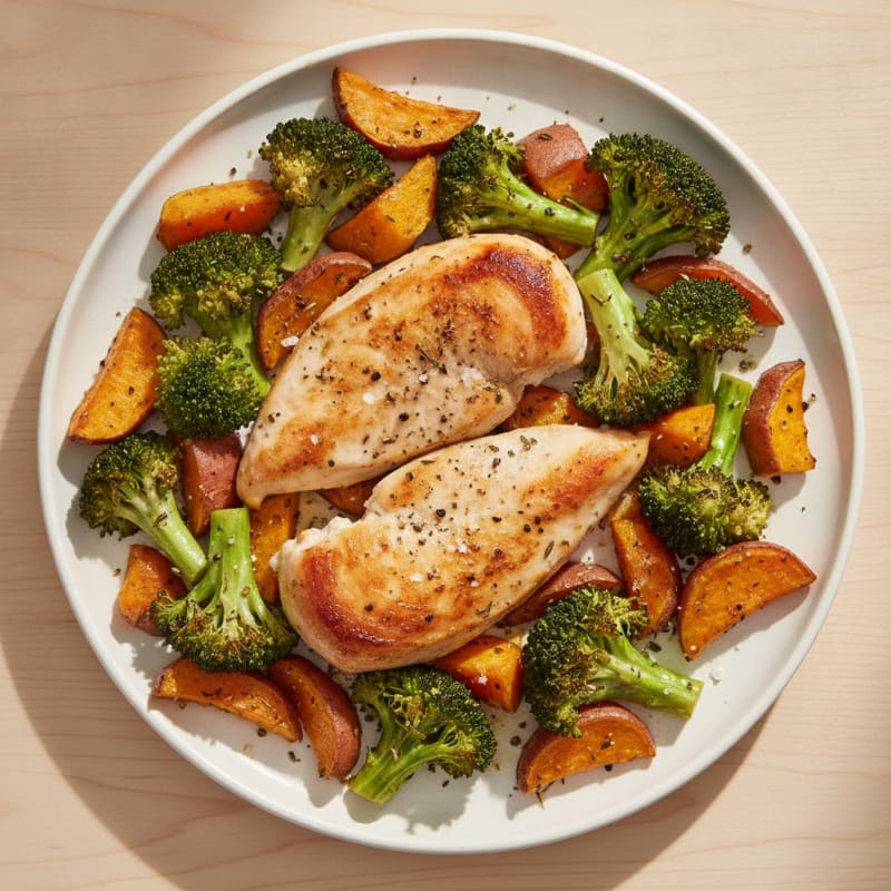 Herb-Roasted Chicken, Broccoli, and Sweet Potato Sheet Pan