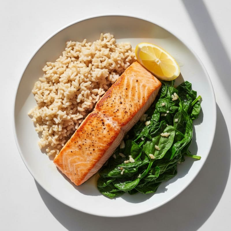 Seared Salmon with Garlic Spinach and Brown Rice