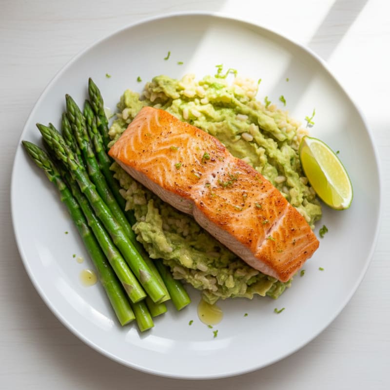 Seared Salmon with Creamy Avocado Rice and Steamed Asparagus