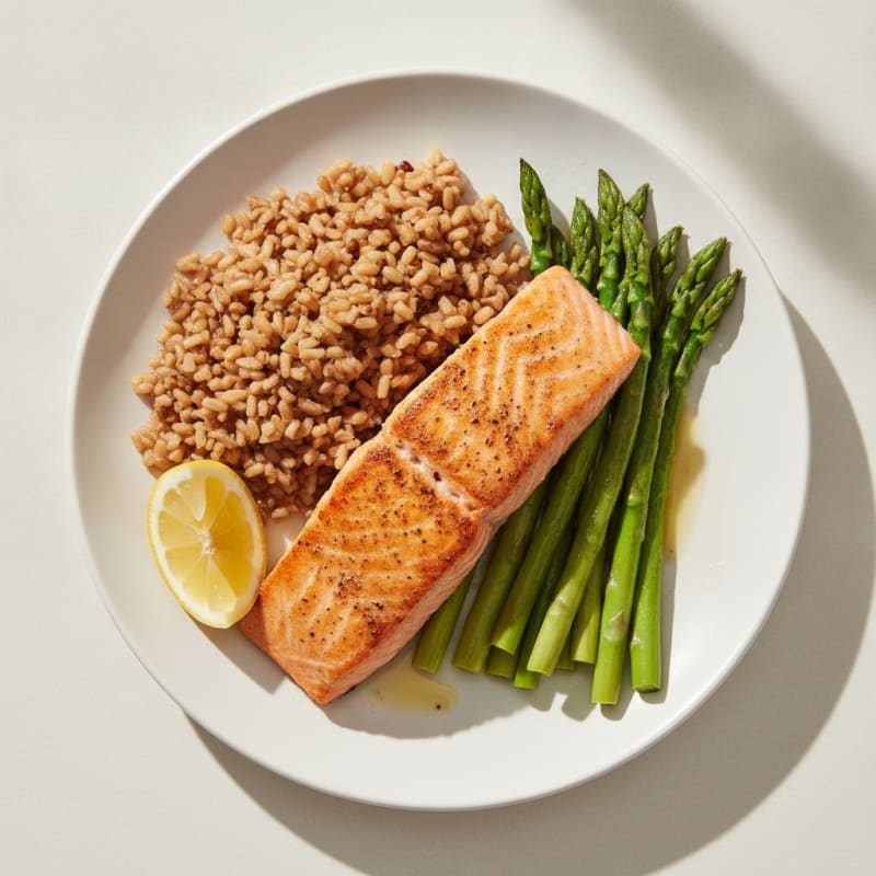 Seared Salmon Fillet with Steamed Asparagus and Brown Rice