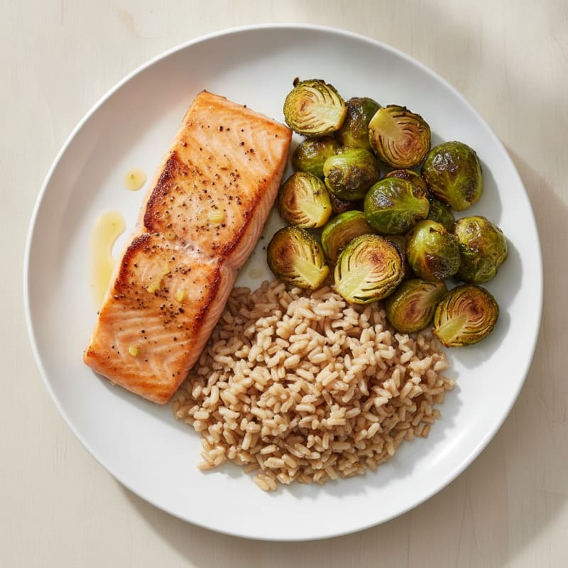 Seared Salmon Fillet with Roasted Brussels Sprouts and Brown Rice