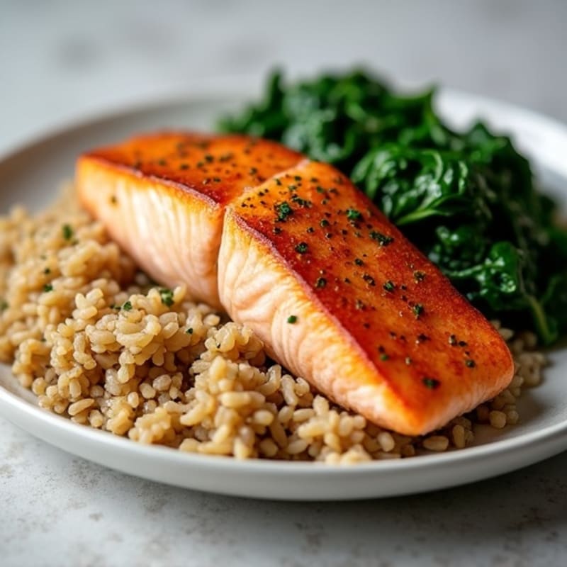 Seared Salmon with Garlic Sautéed Spinach and Brown Rice