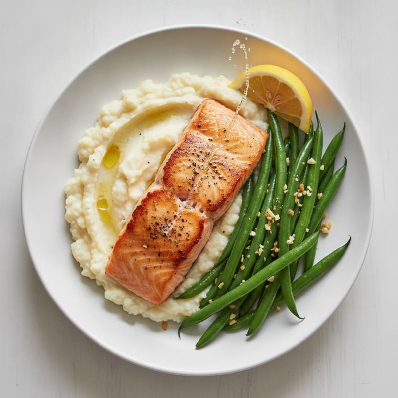 Seared Salmon with Steamed Green Beans and Cauliflower Mash