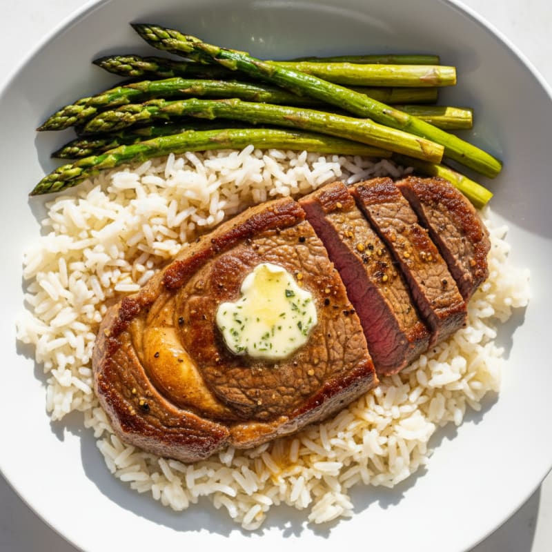 Golden Pan-Seared Rib with Fluffy Rice