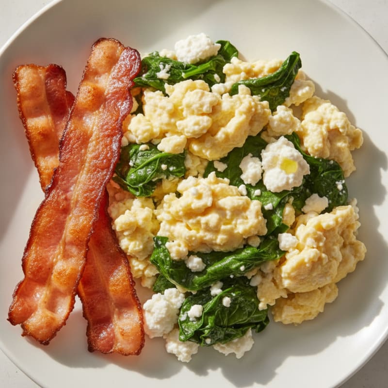 Cottage Cheese Egg Scramble with Spinach and Turkey Bacon