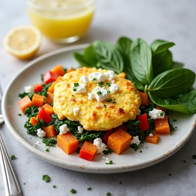 Egg White Vegetable Scramble with Sautéed Spinach and Sweet Potato Hash