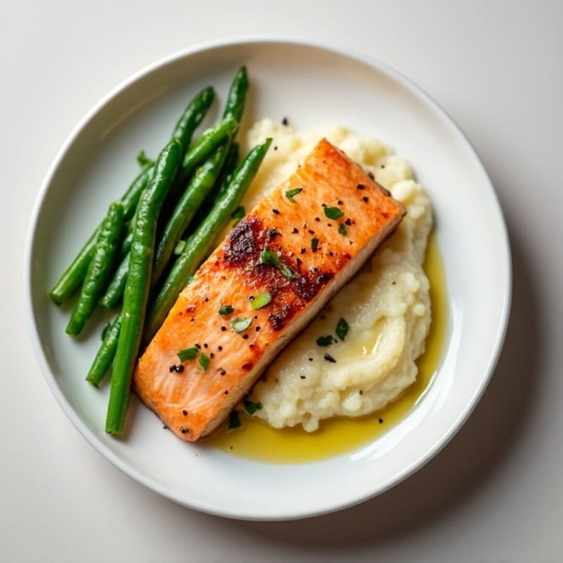 Seared Salmon with Garlic Green Beans and Cauliflower Mash