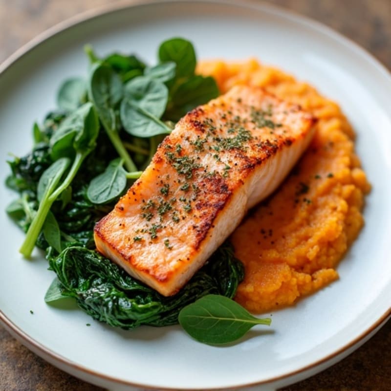 Seared Salmon with Garlic Spinach and Sweet Potato Mash