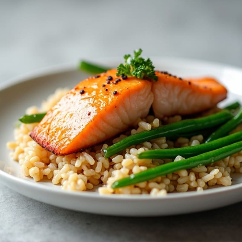 Seared Salmon with Steamed Green Beans and Brown Rice