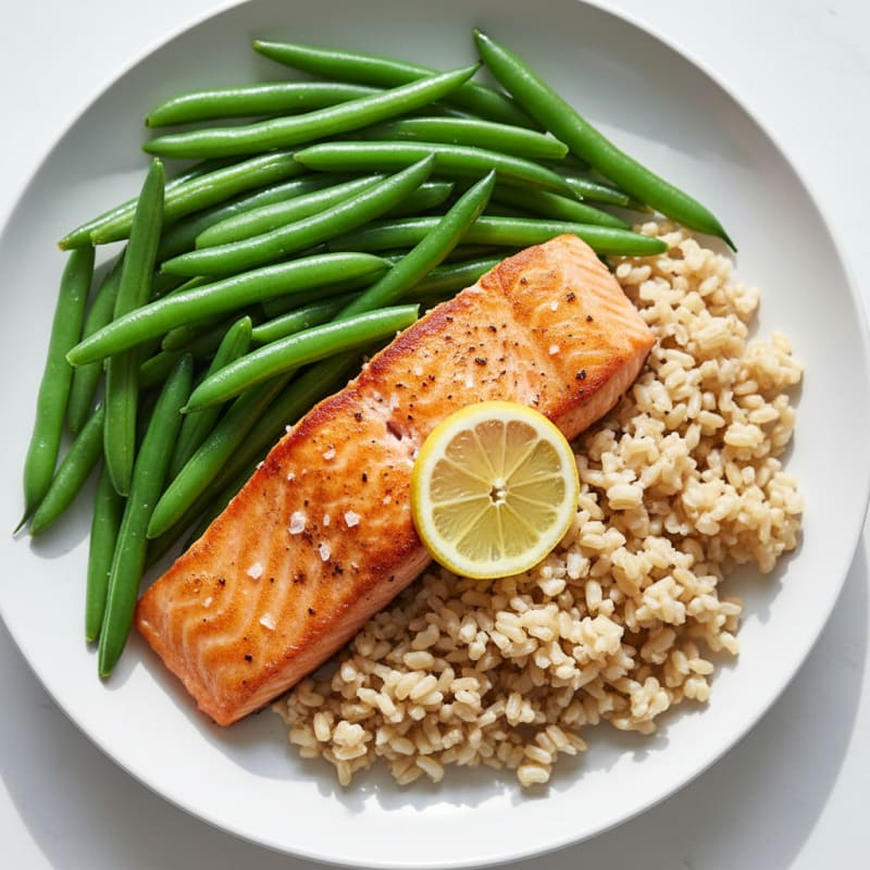 Seared Salmon with Steamed Green Beans and Brown Rice
