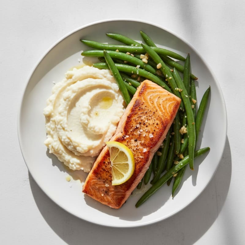 Seared Salmon with Garlic Green Beans and Cauliflower Mash