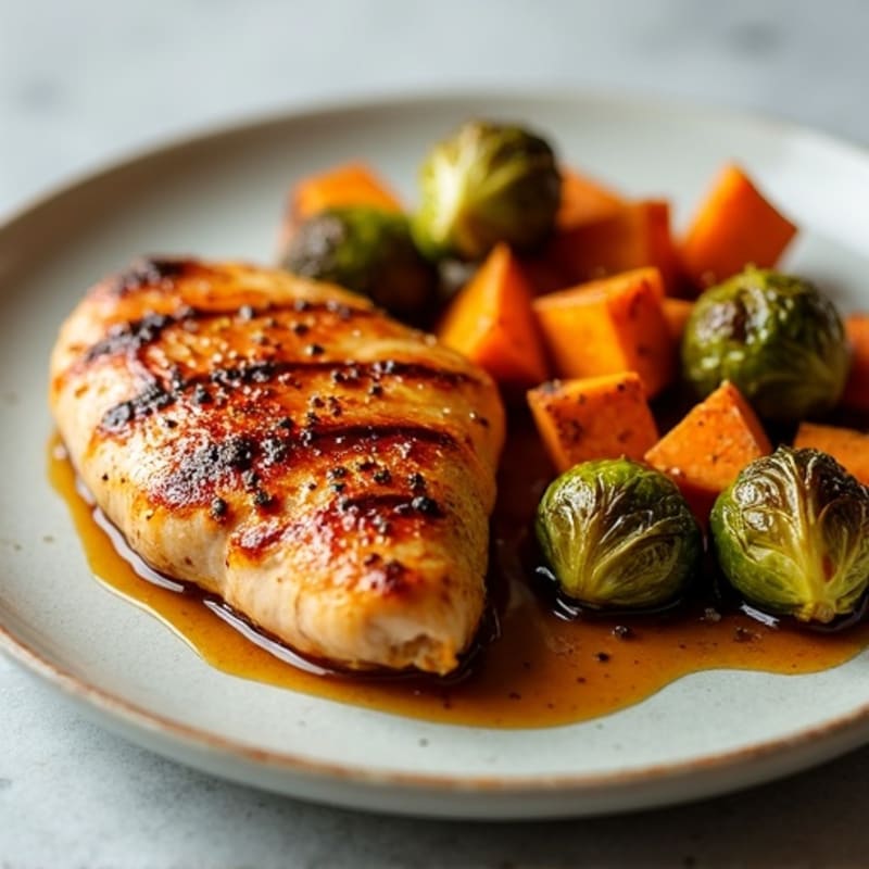 Maple-Glazed Chicken with Roasted Sweet Potatoes and Crispy Brussels Sprouts