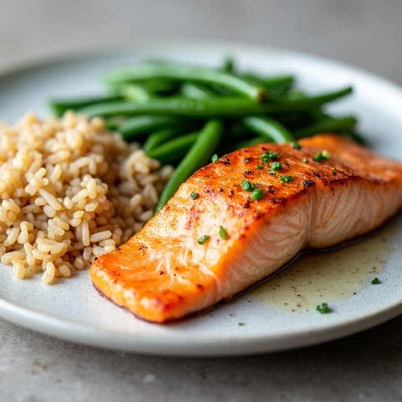 Seared Salmon with Garlic Green Beans and Brown Rice