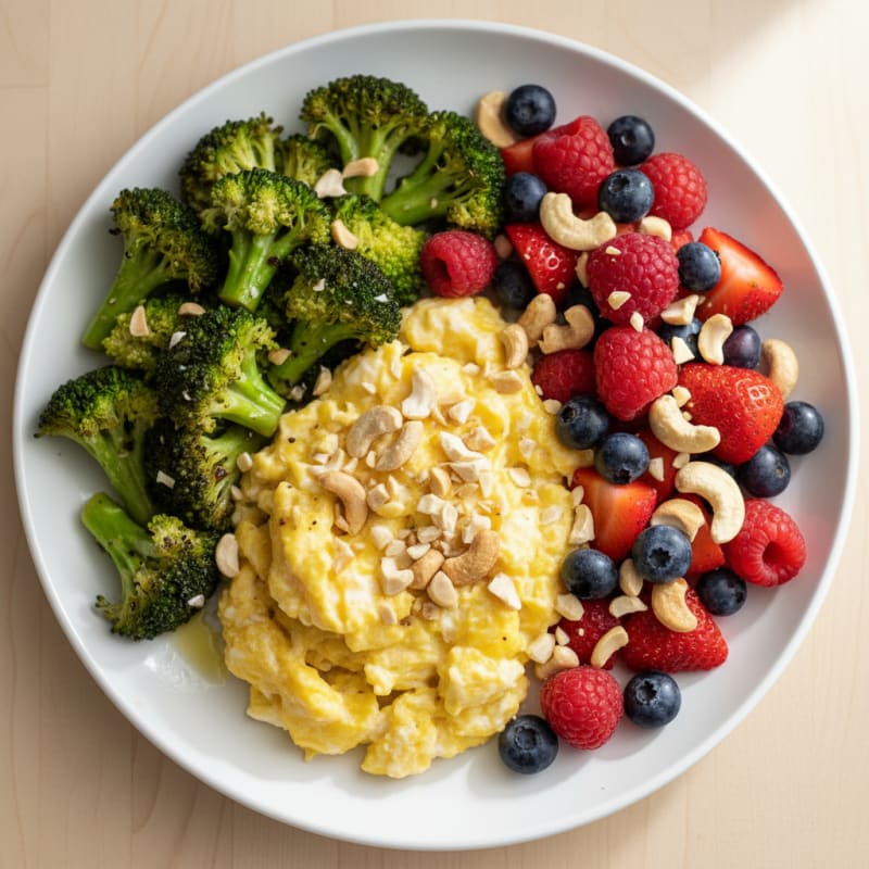 Egg and Greek Yogurt Scramble with Sautéed Broccoli and Mixed Berries