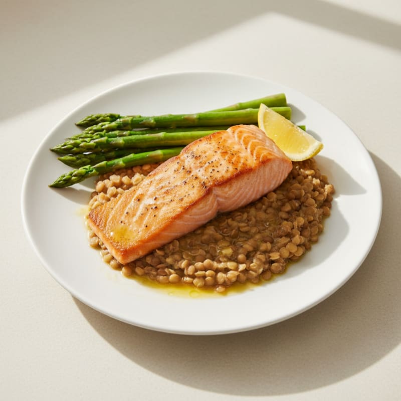 Seared Salmon with Steamed Asparagus and Lentil Mash