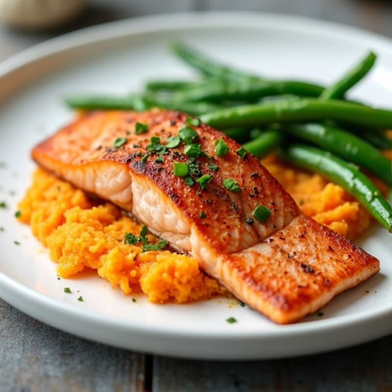 Seared Salmon with Garlic Green Beans and Sweet Potato Mash