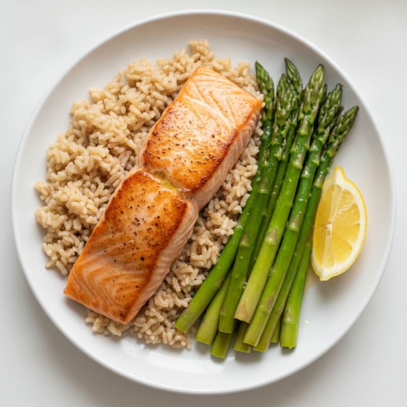 Seared Salmon with Steamed Asparagus and Brown Rice