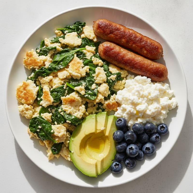 Egg White and Spinach Scramble with Turkey Sausage and Cottage Cheese